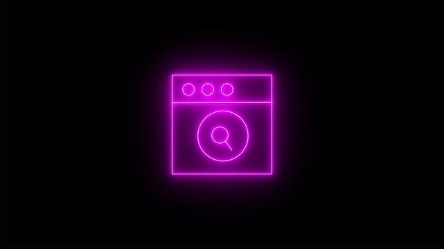 Glowing neon magenta icon of a web browser window display featuring top window control dots and a central magnifying glass search emblem inside a circular badge against a black background. 
