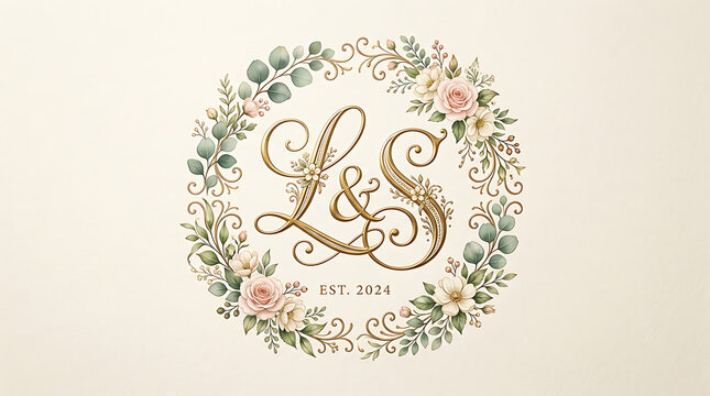 Elegant floral wreath with intertwined golden L and S initials and 'EST. 2024' on a creamy background, perfect for a wedding or anniversary.