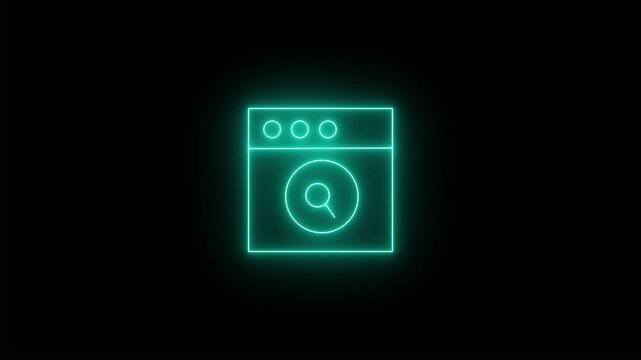 Glowing neon cyan icon of a web browser window display featuring top window control dots and a central magnifying glass search emblem inside a circular badge against a black background. 