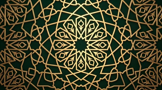 Luxurious Gold Geometric Mandala Star Pattern on Emerald Green Wallpaper Background.