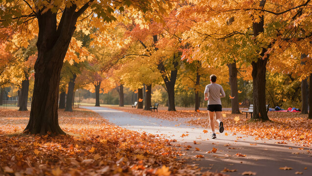 Man Jogging Along Pathway surrounded by Vibrant Orange Fall Foliage Trees in Public Park