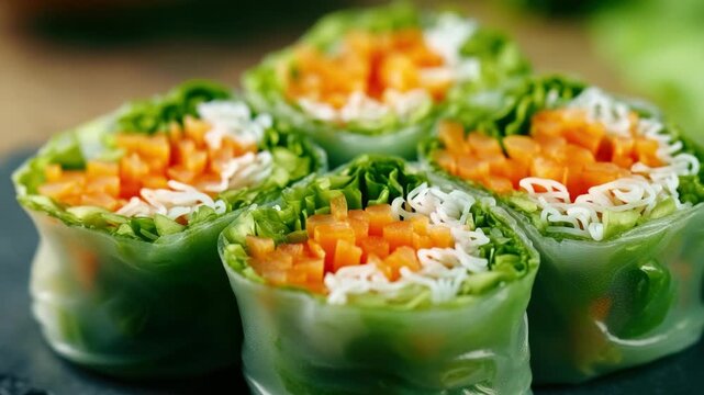 Close-up of Fresh Spring Rolls with Carrots and Rice Noodles