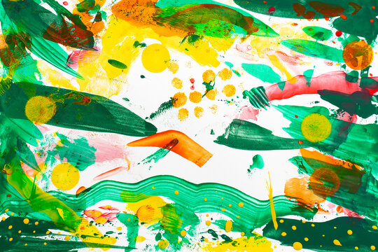 Art print: creative, abstract acrylic painting. Dynamic paint knife strokes, sponge impressions, and colorful splashes of green, yellow, orange, and pink against a textured background. 