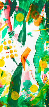 Art print: an abstract acrylic painting in an extreme portrait orientation, with dynamic strokes, sponge prints and splashes of color in green, yellow, orange, and pink on a white textured background.