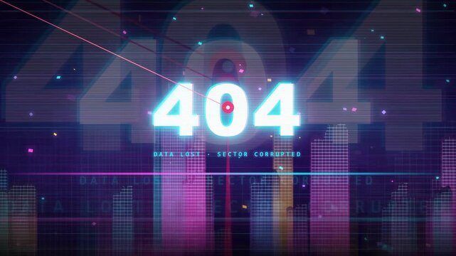 Digital 404 error page animation with glitch effects and futuristic data visualization background