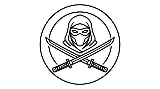 Minimalist black outline icon of a masked ninja warrior holding two sharp crossed swords on white background