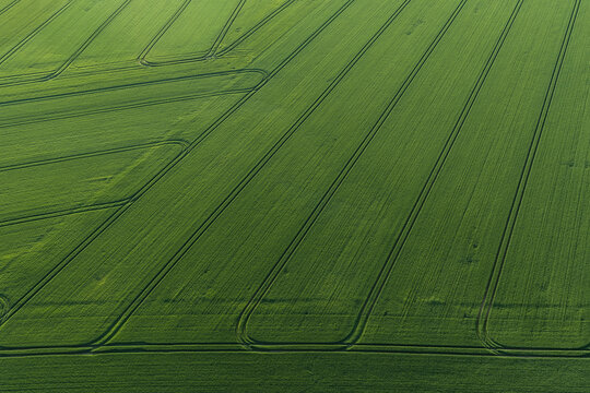 Aerial view of lush green agricultural fields with distinct tractor tracks forming geometric patterns in the rural landscape of Pattensen, Lower Saxony, Germany.