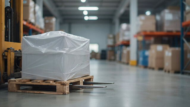 Wrapped Cargo Pallet Loaded on Forklift Tines in Warehouse Interior