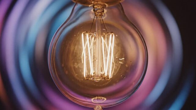 Vintage Edison Light Bulb Glowing against a Colorful Abstract Background