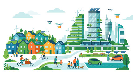 Fototapeta premium Eco-friendly city skyline with green buildings, solar panels, and active lifestyle
