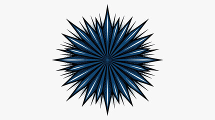 Fototapeta premium Symmetrical dark blue multi-pointed starburst vector with halftone dot textures and sharp radiating edges in a vintage comic book pop art style isolated on a solid white background.