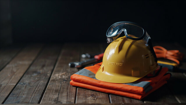 Safety Helmet Goggles and Reflective Vest on Wooden Surface