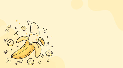 Fototapeta premium Adorable hand-drawn illustration of a smiling peeled banana character surrounded by fruit slices and decorative elements on a light yellow background.