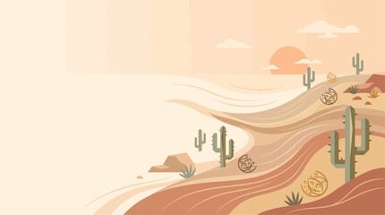 Fototapeta premium Stylized desert landscape illustration with cacti, rolling sand dunes, and a warm sunset sky.