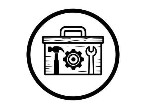 Industrial toolbox icon with hammer and wrench, black and white repair kit vector, maintenance and construction gear symbol