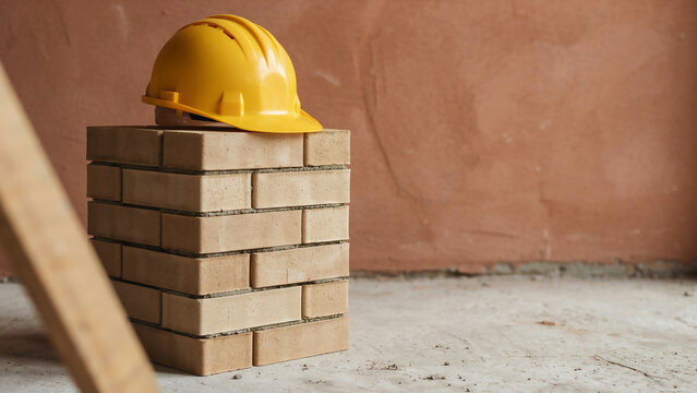 Yellow Hard Hat Sitting on Brick Column in Construction Site