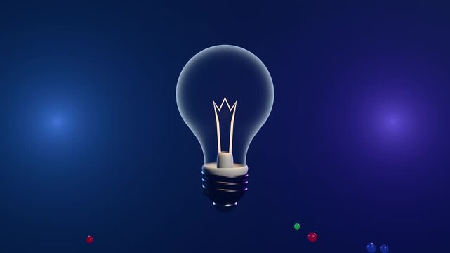 Animation of incandescent light bulb glowing with colorful spheres floating around on blue background