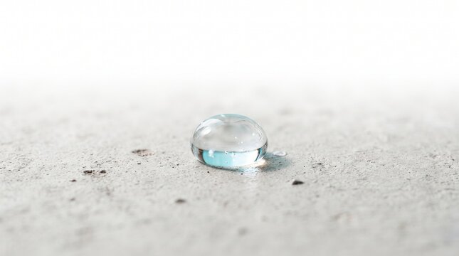 Close-up view of a clear water droplet resting on a light grey textured surface with a blurred white background.