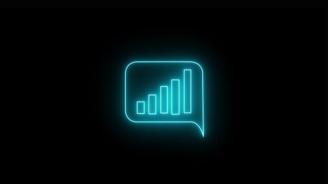 Glowing neon cyan icon of a speech bubble containing a rising bar chart against a black background. Animated communication feedback, business messaging analytics, survey result animation.