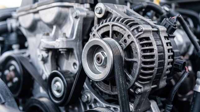 Detailed of car engine components featuring alternator and serpentine belt, showcasing automotive repair, mechanical engineering, vehicle maintenance, industrial machinery parts