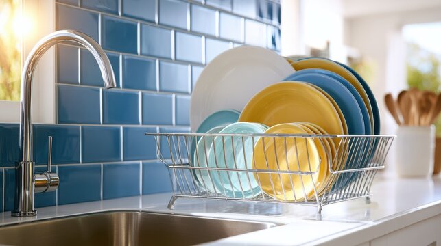 Clean dishes drying on a rack next to a stainless steel sink with blue tiled backsplash in a bright kitchen.
