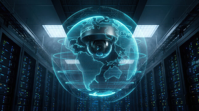 Surveillance camera with digital globe overlay in data center room with server racks and blue lighting
