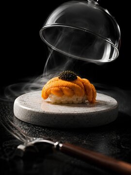 A luxurious culinary presentation. The focal point is a piece of nigiri sushi topped with glowing orange uni (sea urchin) and garnished with black caviar.