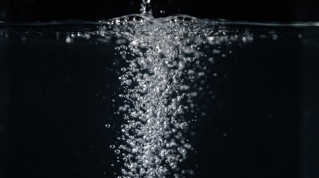 Close-up view of numerous air bubbles rising through clear water against a dark background.