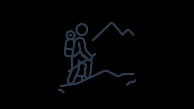 Hiker climbing mountain peak with backpack trekking pole icon outdoor