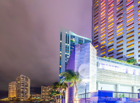 Colorful illuminated skyscrapers at Miami Riverwalk at night