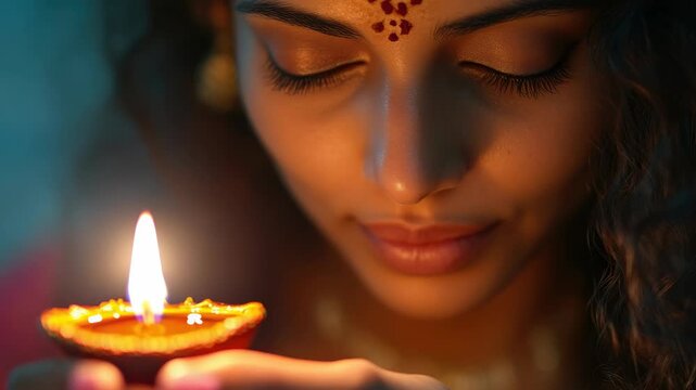 Indian woman holding a lit diya during Diwali celebration