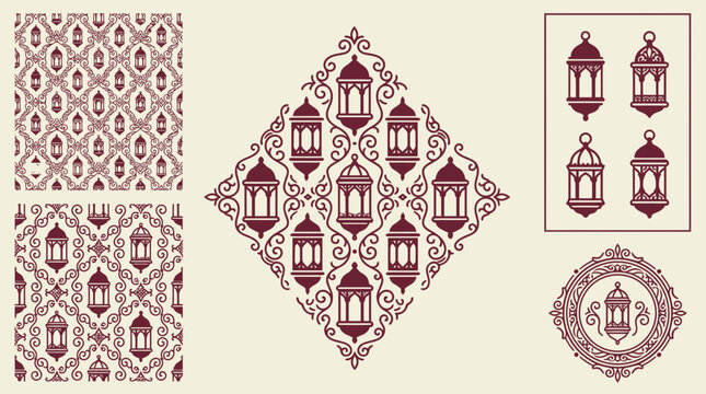 Islamic Lanterns and Patterns Design Elements Isolated