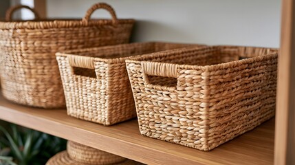 Obraz premium Woven baskets arranged neatly on a wooden shelf showcasing natural texture and rustic charm in soft ambient lighting