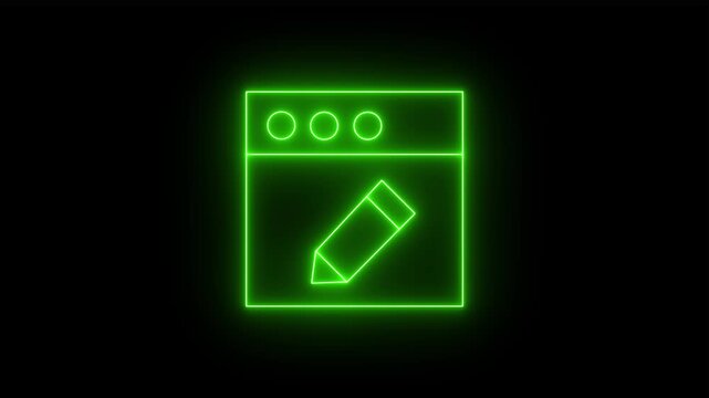 Glowing neon green icon of a browser window featuring a pencil icon centered inside against a black background. Animated web design, content editing, website development.