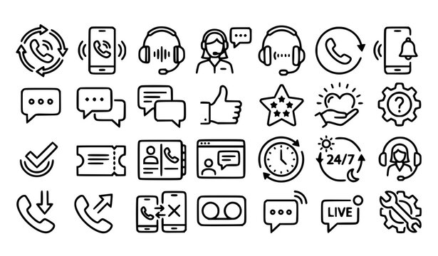 24 Hour Call Center Telephone Chat and Customer Service Outline Icon Collection
