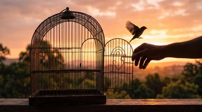 Human hand opening birdcage door to release small bird into freedom at sunset, symbol of liberation and hope, silhouette of flying sparrow against golden sky, nature conservation