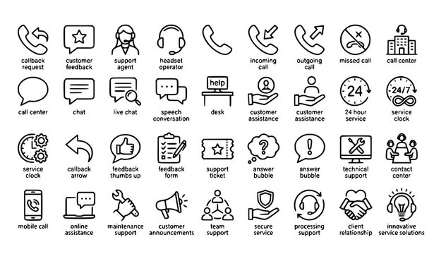 Customer Support Callback Feedback Chat and Call Center Linear Icon Set