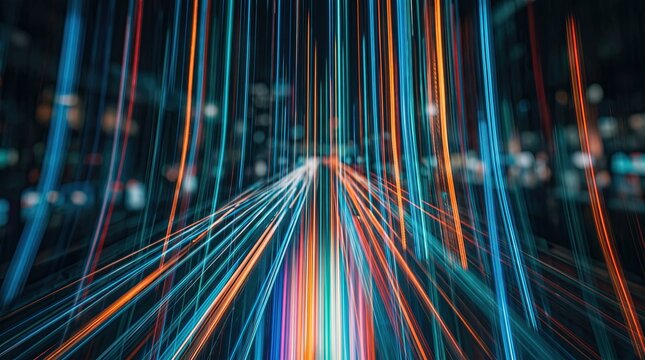 Abstract background featuring vibrant colorful light trails moving forward in a dark space creating a sense of speed motion technology and futuristic digital data flow