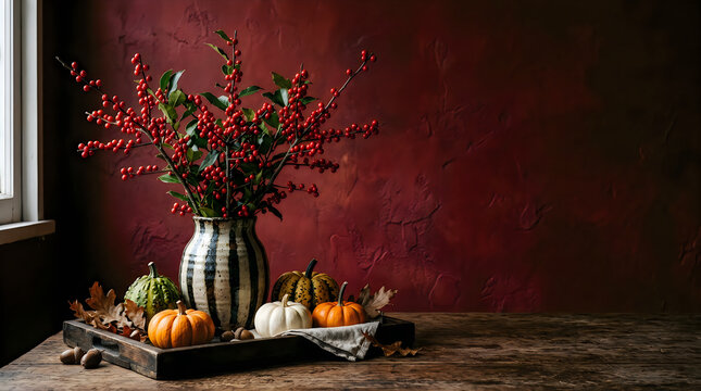 A stunning autumnal still life featuring vibrant pumpkins colorful foliage and a beautifully textured vase evoking feelings of warmth