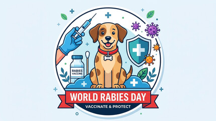 Fototapeta premium World rabies day illustration with dog and vaccine syringe badge