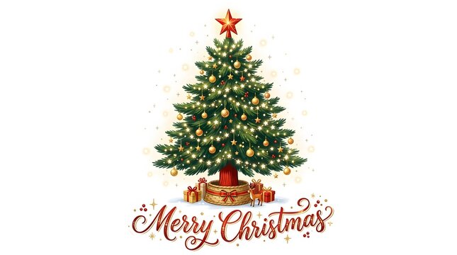 A beautifully decorated evergreen tree with gifts underneath wishing everyone a very happy and joyful merry christmas