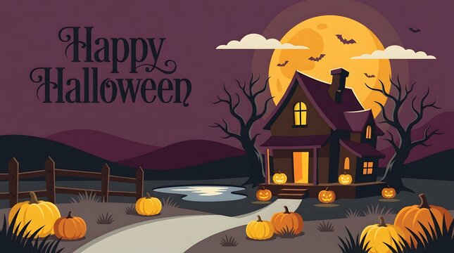 Spooky haunted house illustration featuring glowing jack o lanterns and a bright full moon against a dark purple evening sky