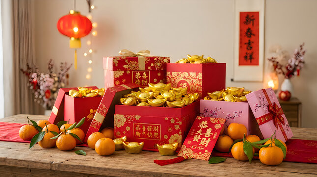 Celebrating the vibrant and joyful chinese new year with traditional decorations auspicious fruits and red envelopes filled with lucky