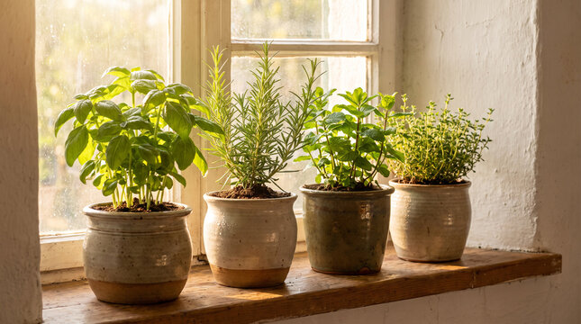 Fresh aromatic herbs in ceramic pots growing on a rustic wooden windowsill in morning sunlight, homegrown kitchen garden concept with basil, rosemary, mint, and thyme.