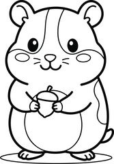 Obraz premium Cute cartoon hamster holding an acorn, simple black and white line art illustration for coloring book page