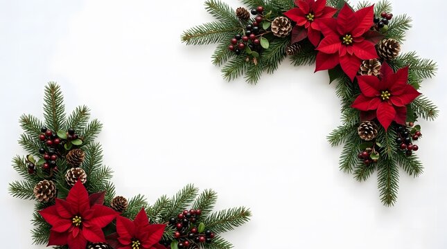 Beautiful festive frame made of pine branches and red poinsettia flowers wishing everyone a merry christmas holiday