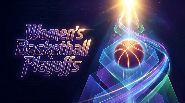 Women's Basketball Playoffs Cinematic Poster with Glowing 3D Basketball on Futuristic Geometric Podium and Neon Light Trails