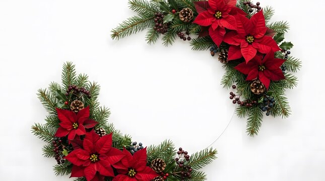 Beautiful merry christmas floral wreath made of red poinsettia flowers and green pine branches on white background