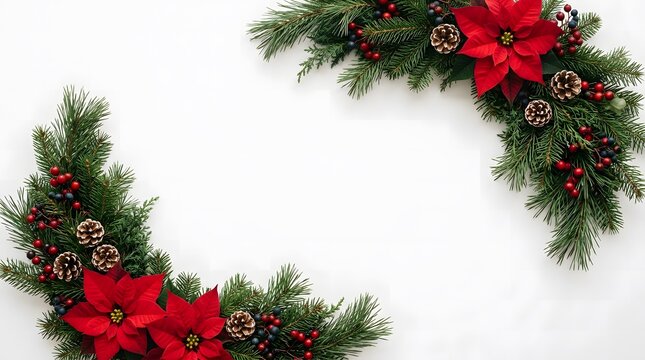 Festive merry christmas border made of red poinsettia flowers and green pine branches on a white background
