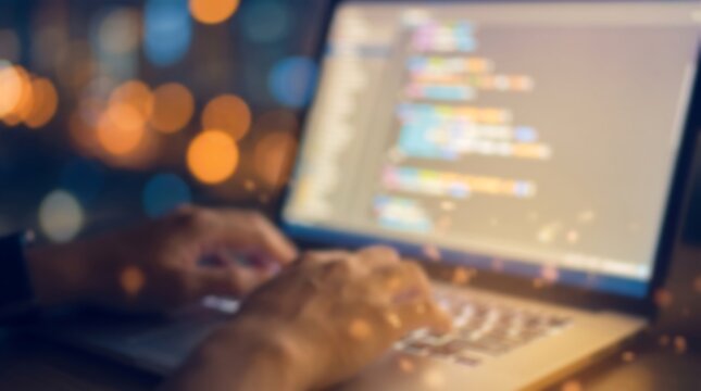 Blurred software developer working on complex programming code on laptop at night to highlight coding productivity and late-night technical development processes